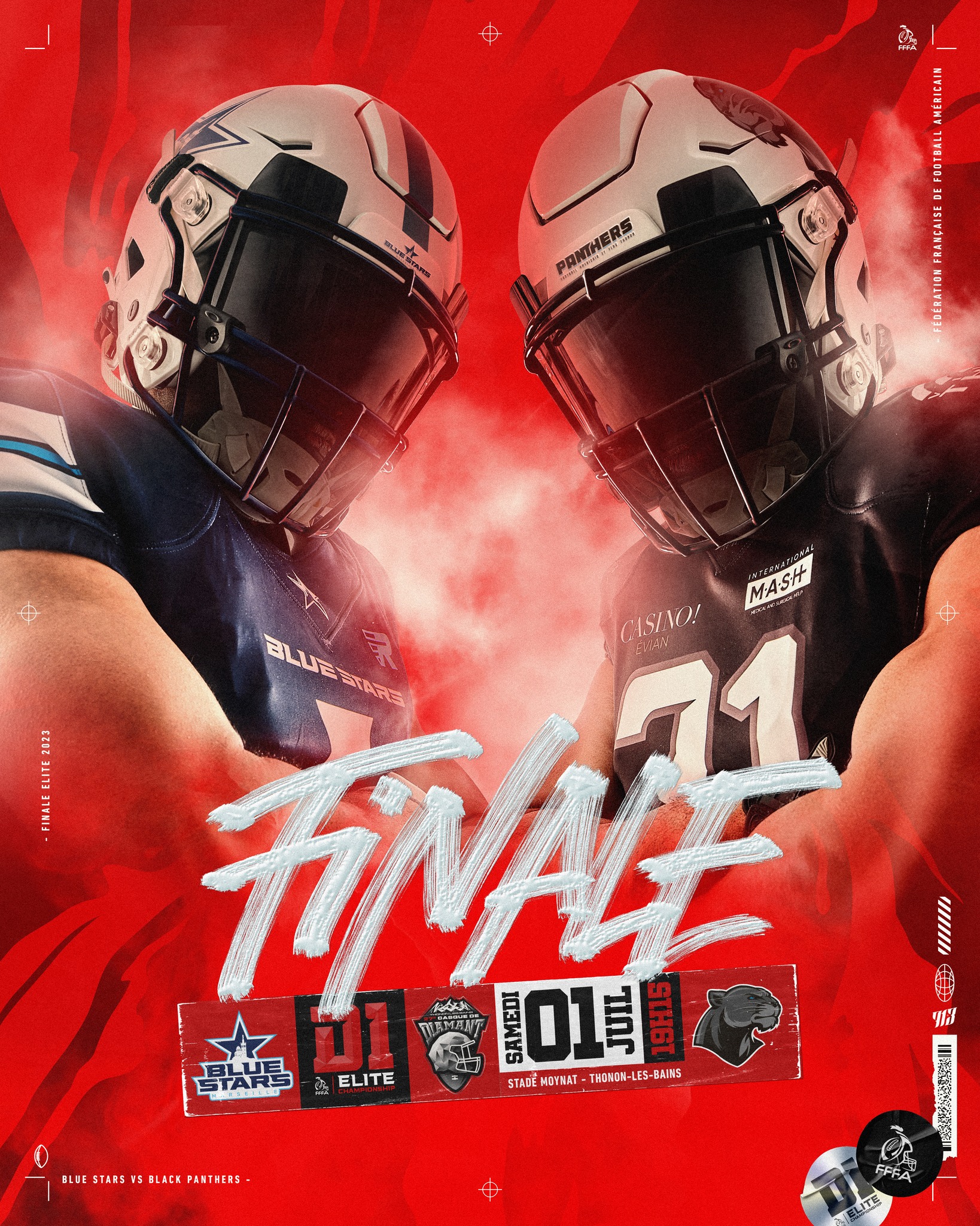 Affiche de la finale 2022-2023, le 27ème Casque de Diamant, entre les Black Panthers de Thonon et les Blue Stars de Marseille.